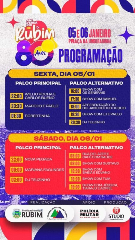 Aniversário de Rubim – Programação (05/01 e 06/01)